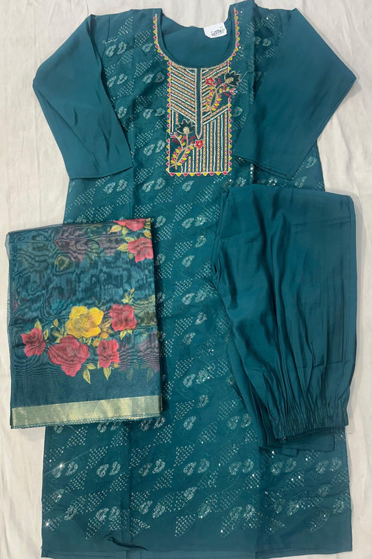 Bottle Green Opada Silk Suit Set with Sippi Work & Printed Tissue Dupatta