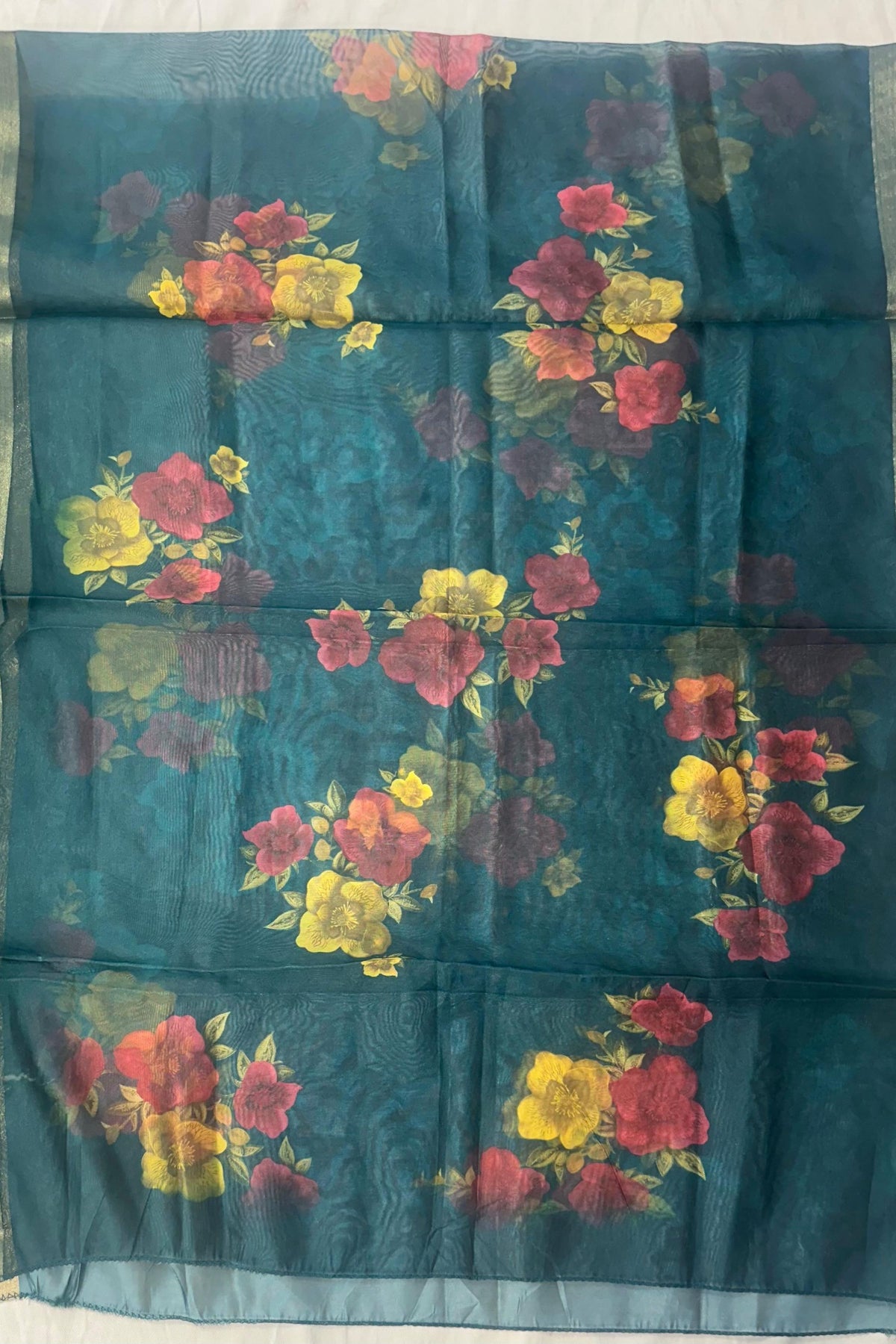 Bottle Green Opada Silk Suit Set with Sippi Work & Printed Tissue Dupatta