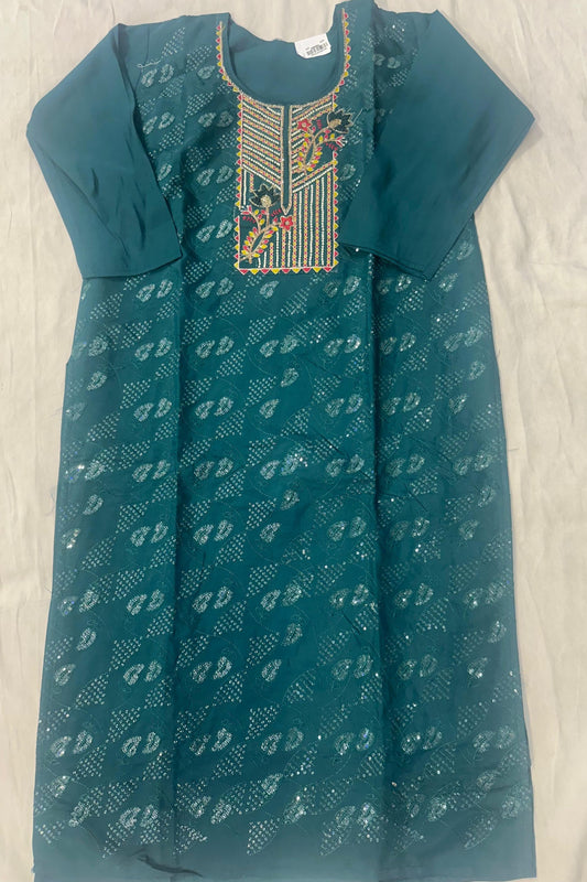Bottle Green Opada Silk Suit Set with Sippi Work & Printed Tissue Dupatta