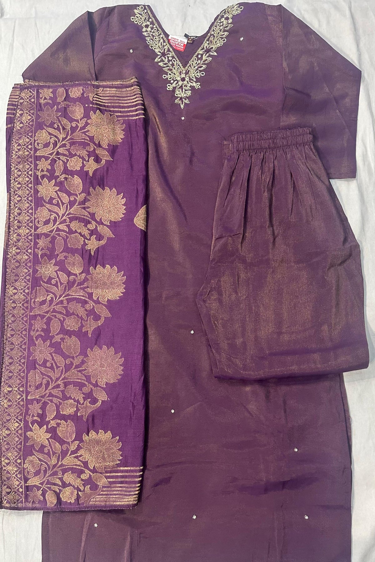 Purple Shimmer Silk Dabka Work Suit Set with Printed Dupatta
