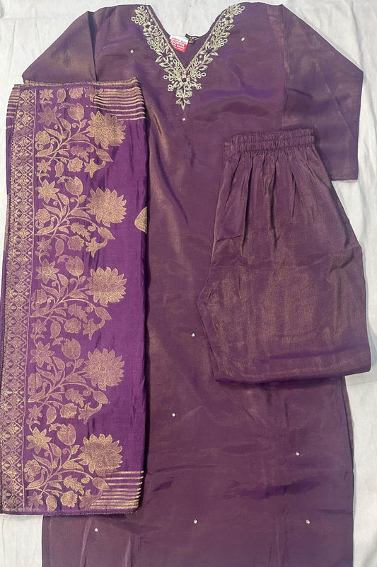 Purple Shimmer Silk Dabka Work Suit Set with Printed Dupatta