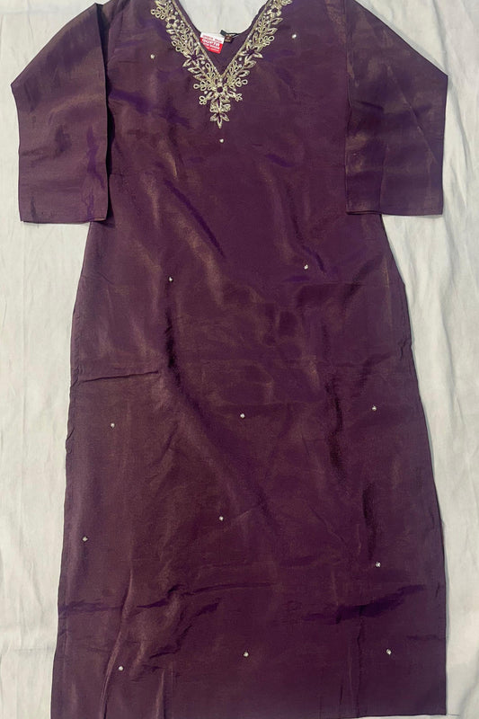 Purple Shimmer Silk Dabka Work Suit Set with Printed Dupatta