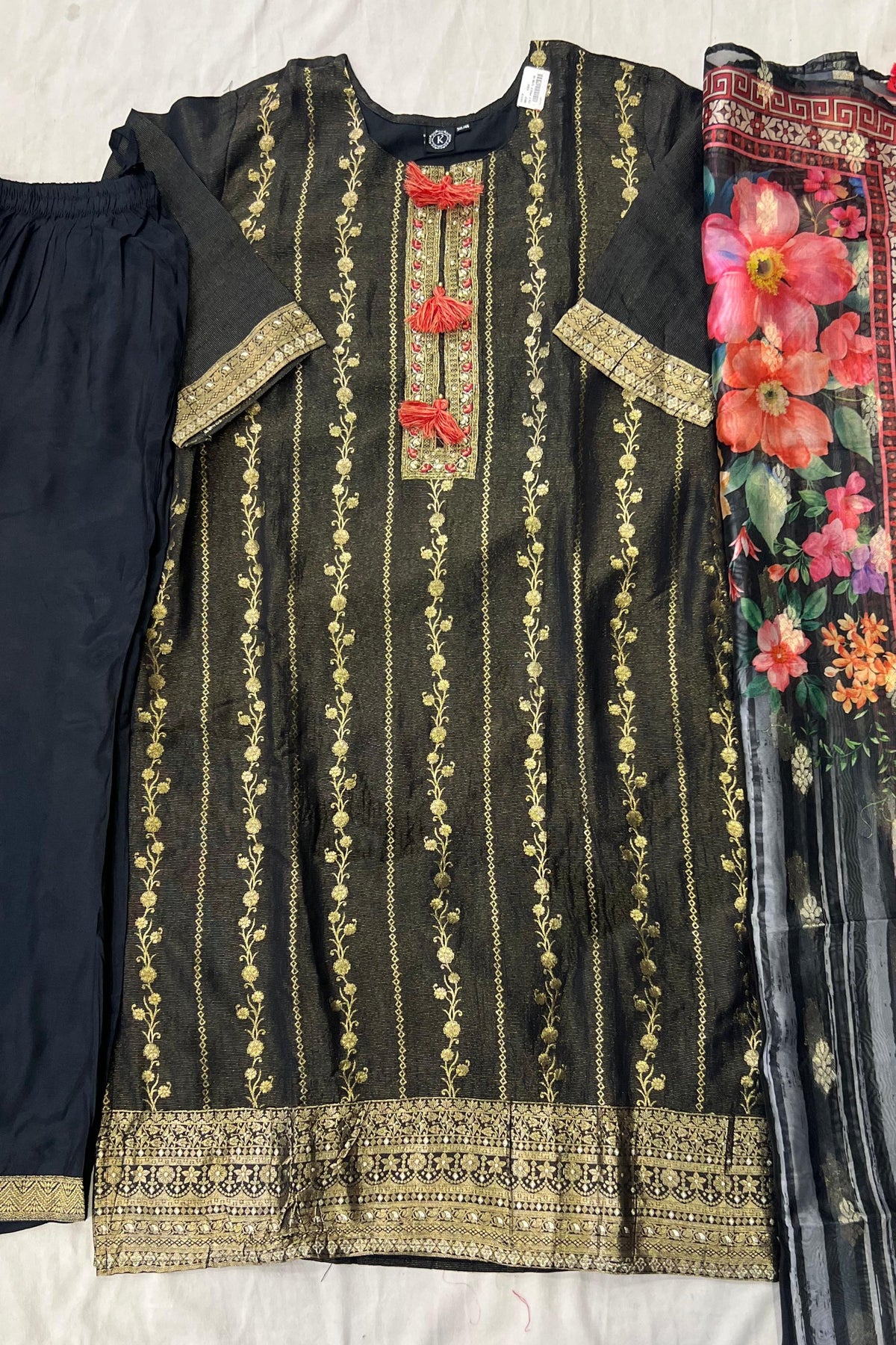 Black Shimmer Silk Suit Set with Printed Organza Dupatta