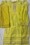 Neon Self Silk Suit Set with Sippi Neck Work & Threadwork Dupatta