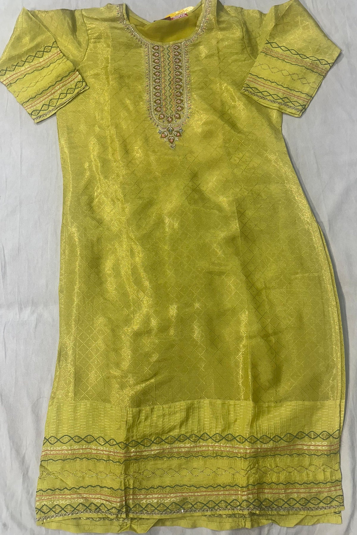Neon Self Silk Suit Set with Sippi Neck Work & Threadwork Dupatta
