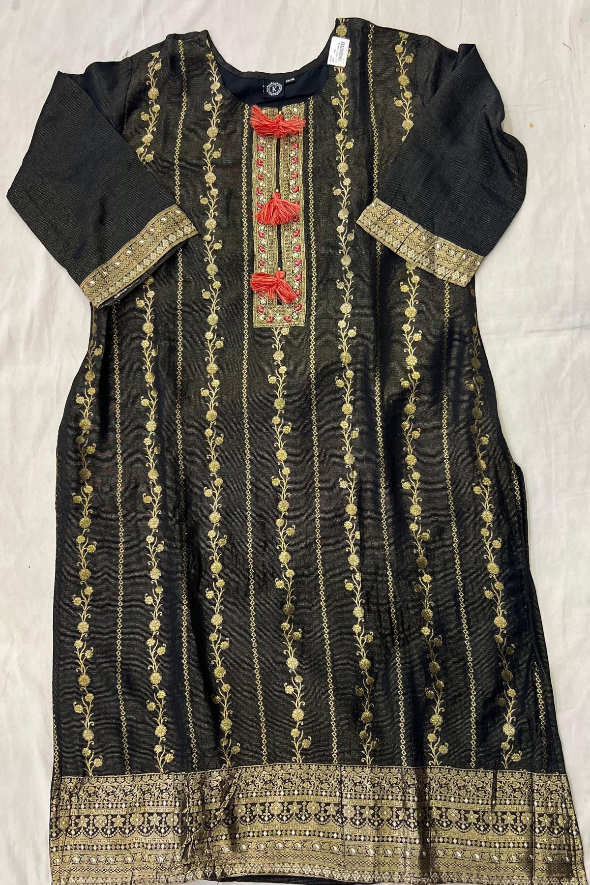 Black Shimmer Silk Suit Set with Printed Organza Dupatta