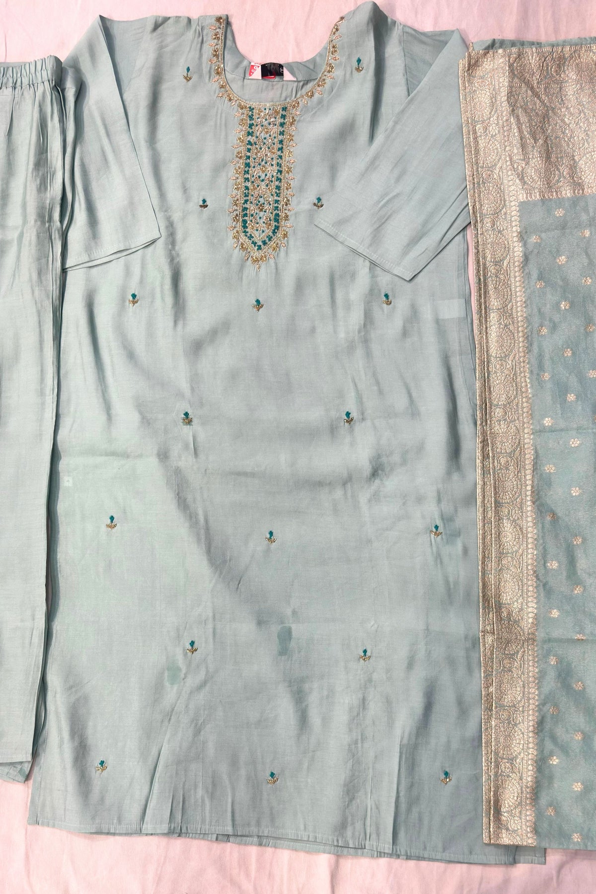 Sea Green Silk Suit Set with Nalki & Dabka Work