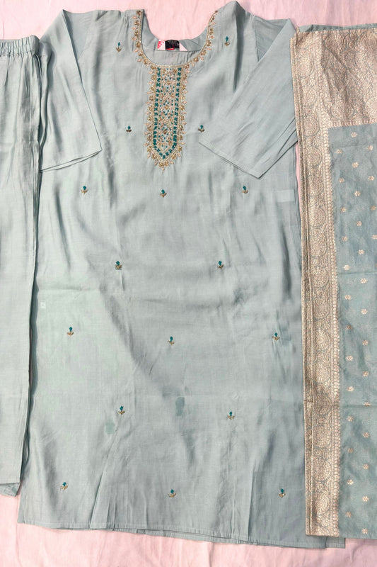 Sea Green Silk Suit Set with Nalki & Dabka Work