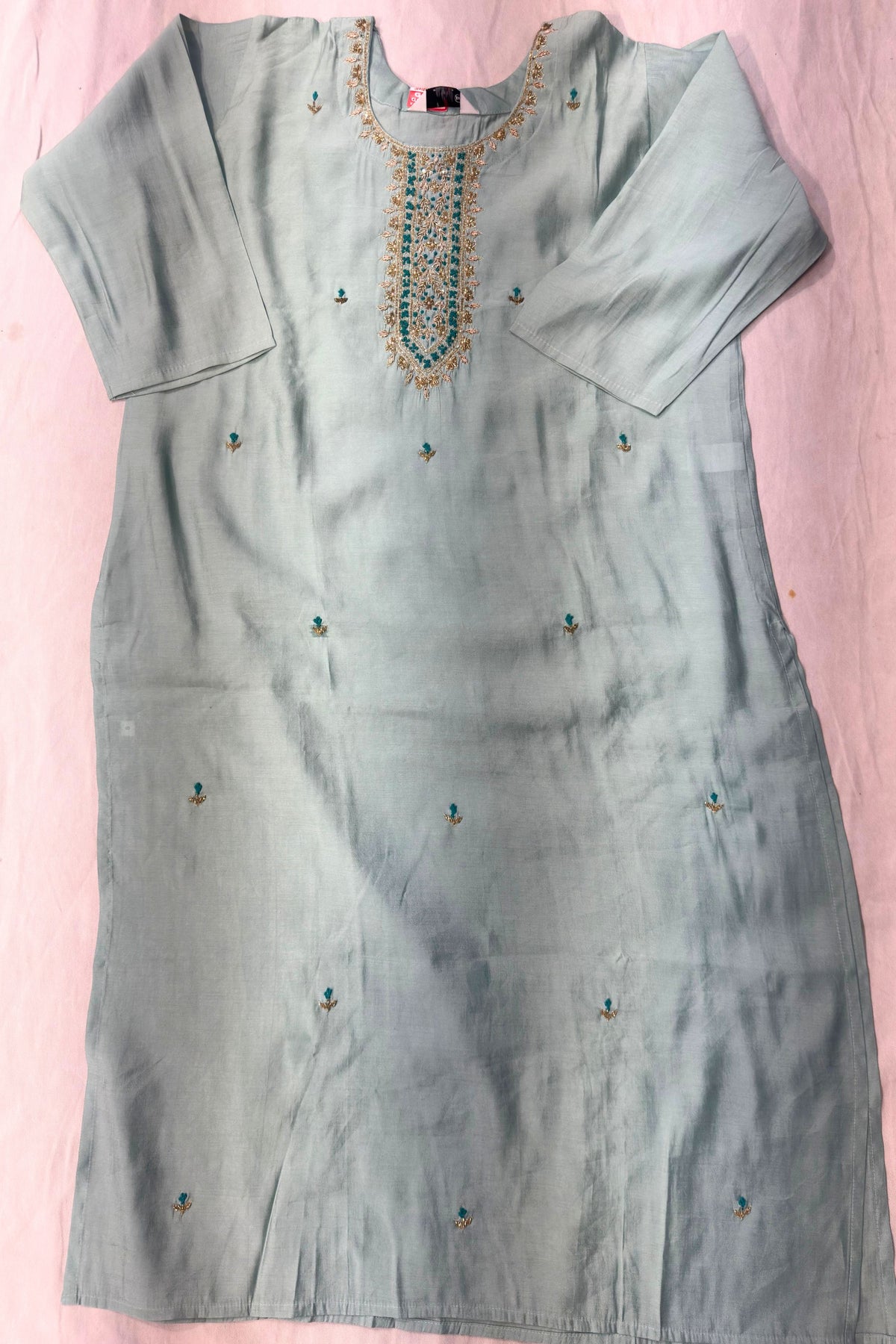 Sea Green Silk Suit Set with Nalki & Dabka Work