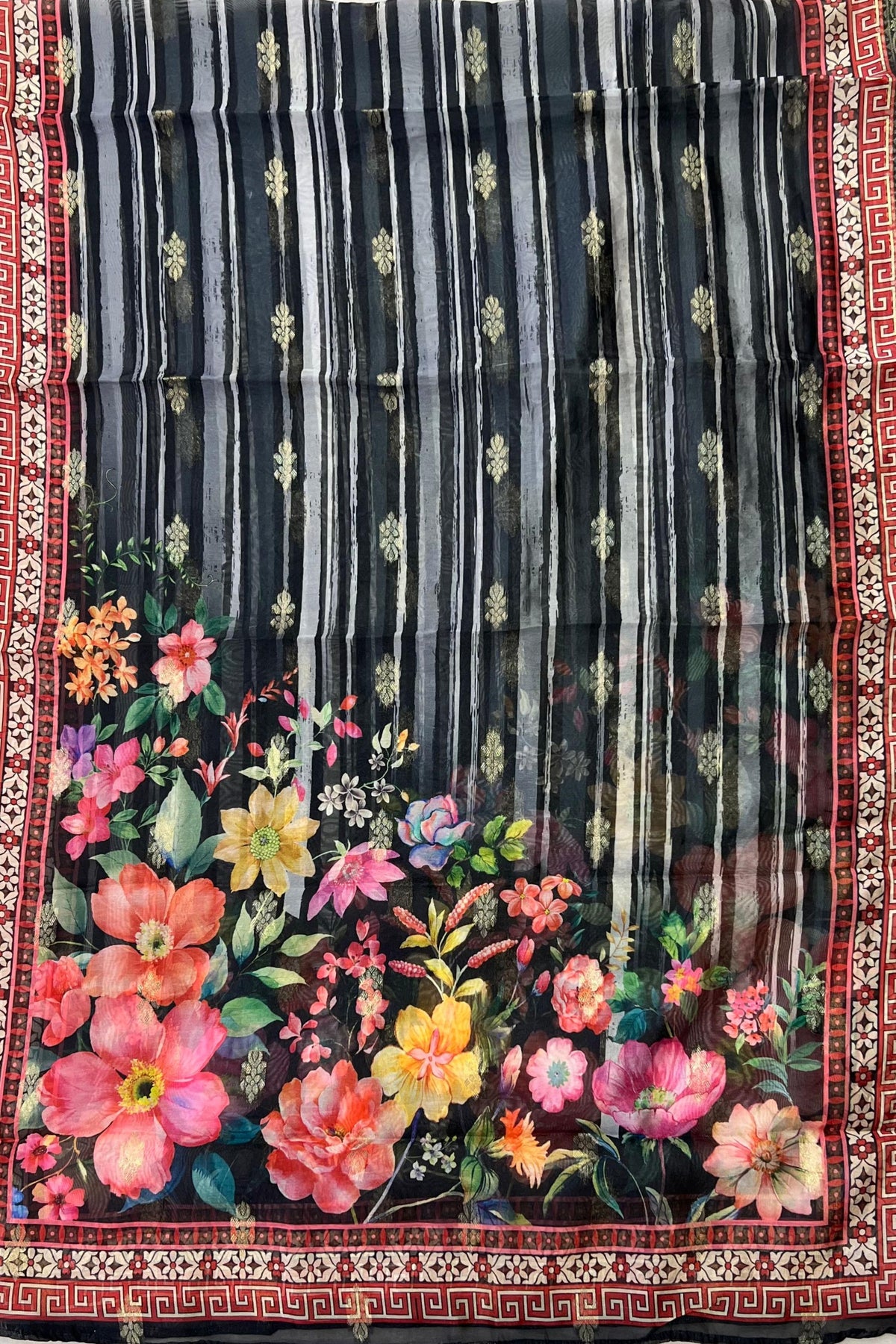 Black Shimmer Silk Suit Set with Printed Organza Dupatta