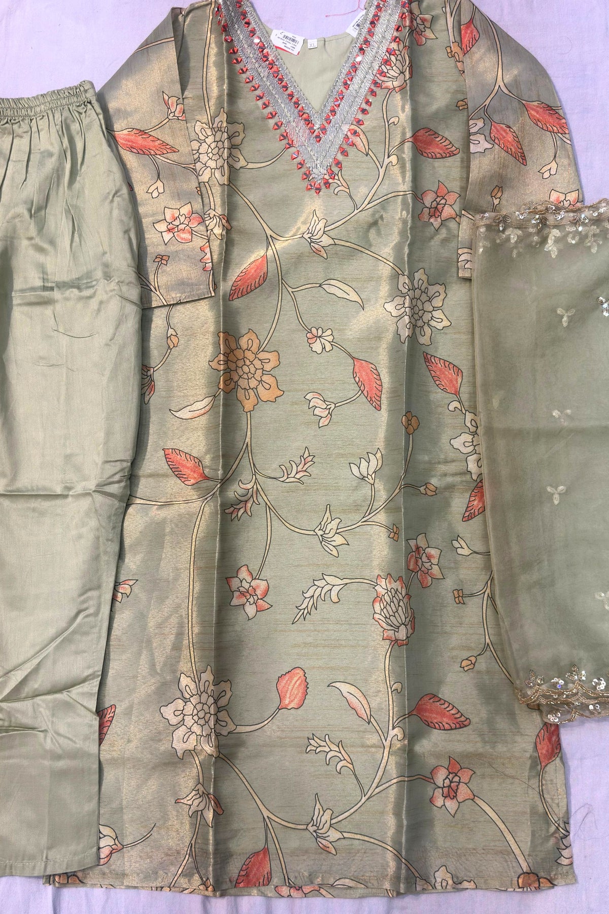 Pista Green Shimmer Silk Digital Work Suit Set with Organza Dupatta