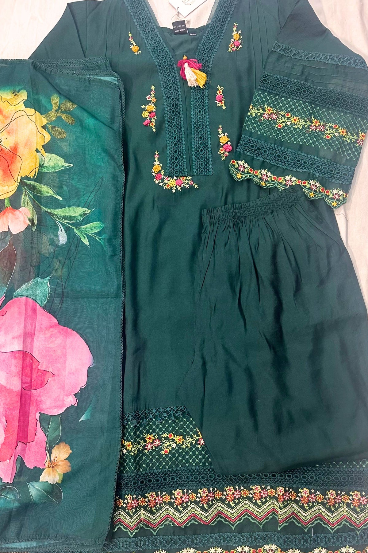 Bottle Green Musleen Silk Suit with Threadwork & Organza Dupatta