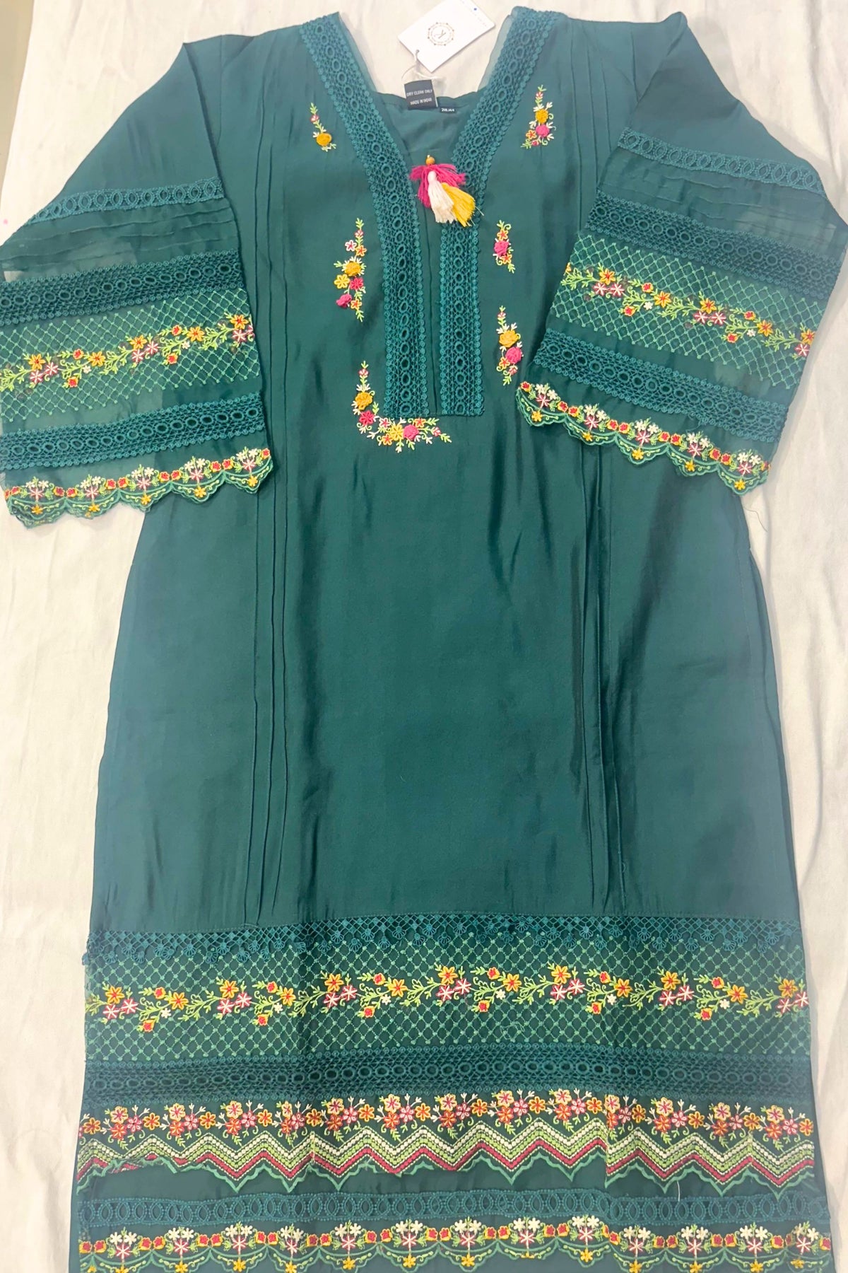 Bottle Green Musleen Silk Suit with Threadwork & Organza Dupatta