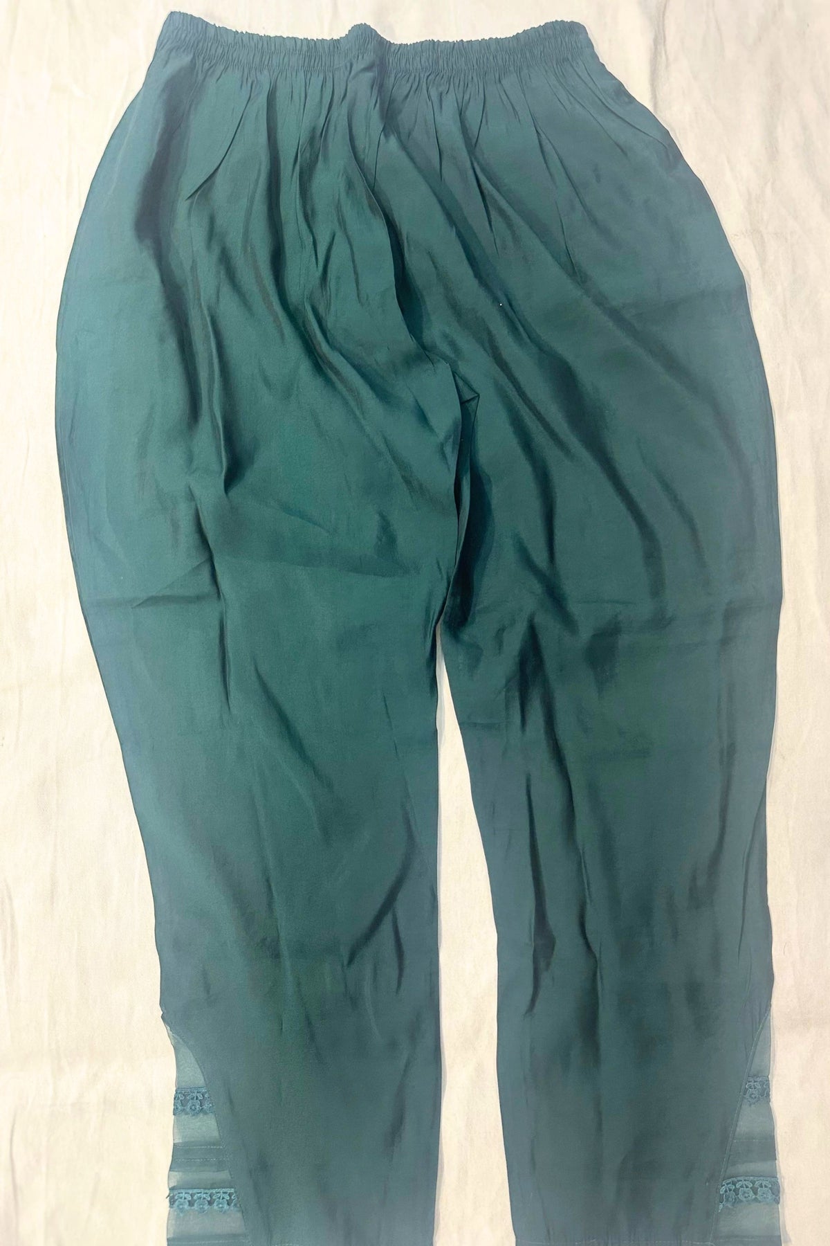 Bottle Green Musleen Silk Suit with Threadwork & Organza Dupatta