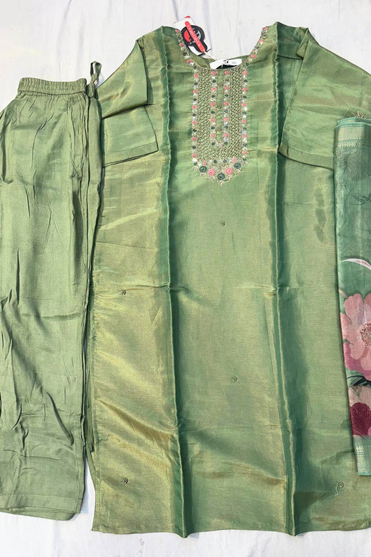 Dhaanni Green Shimmer Silk Thread & Sippi Work Suit Set