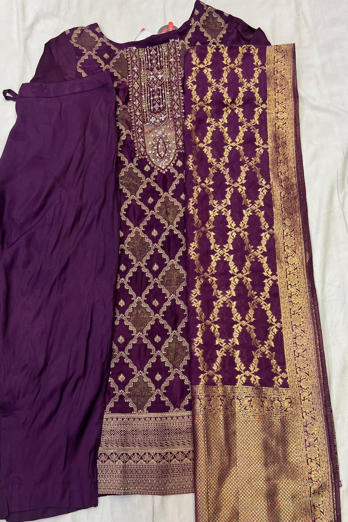 Purple Banarasi Silk Suit Set with Zari Work Dupatta