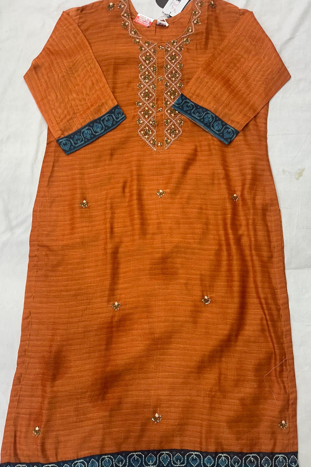 Light Orange Soft Silk Suit Set with Sippi Work & Kalamkari Dupatta