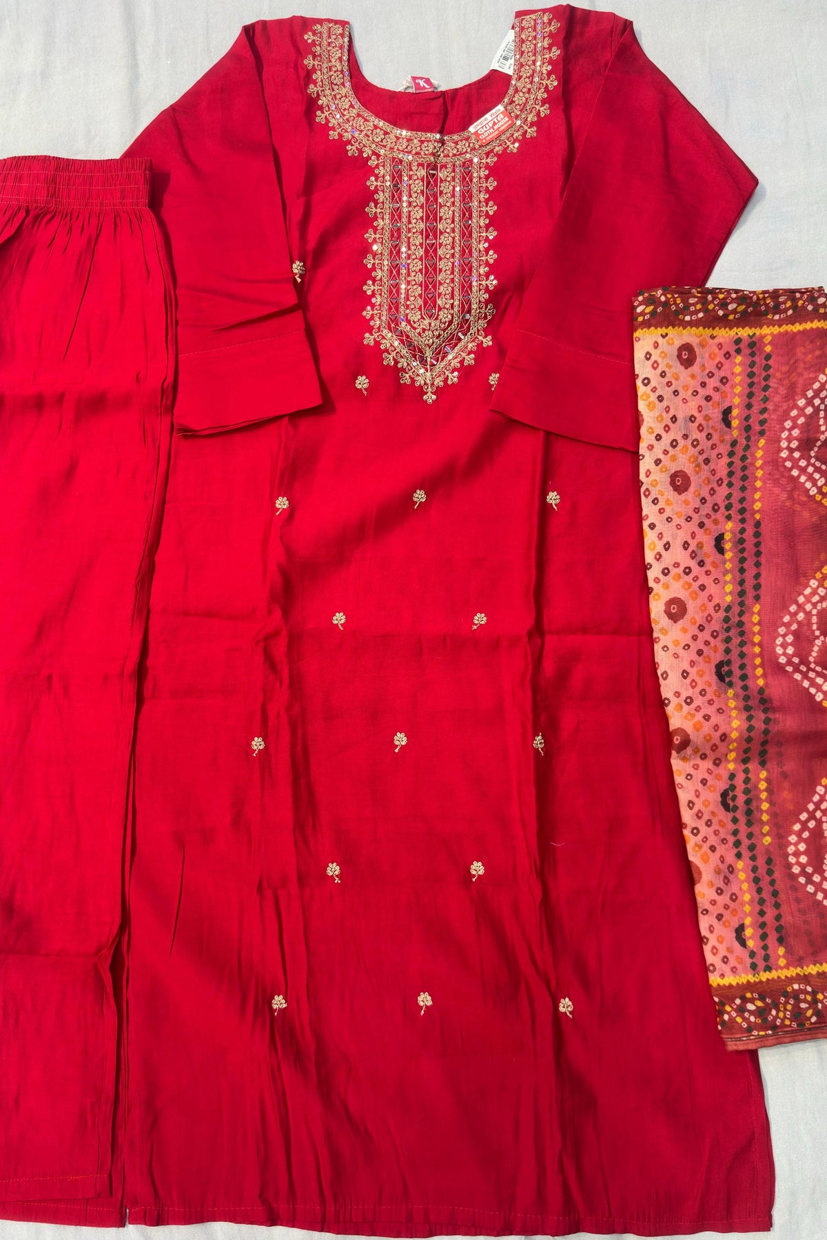 Red Silk Suit Set with Jaipuri Print Dupatta