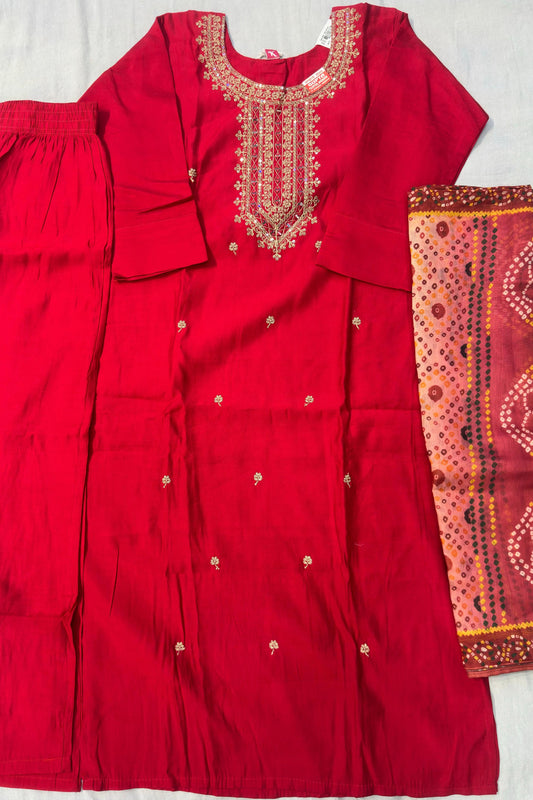Red Silk Suit Set with Jaipuri Print Dupatta