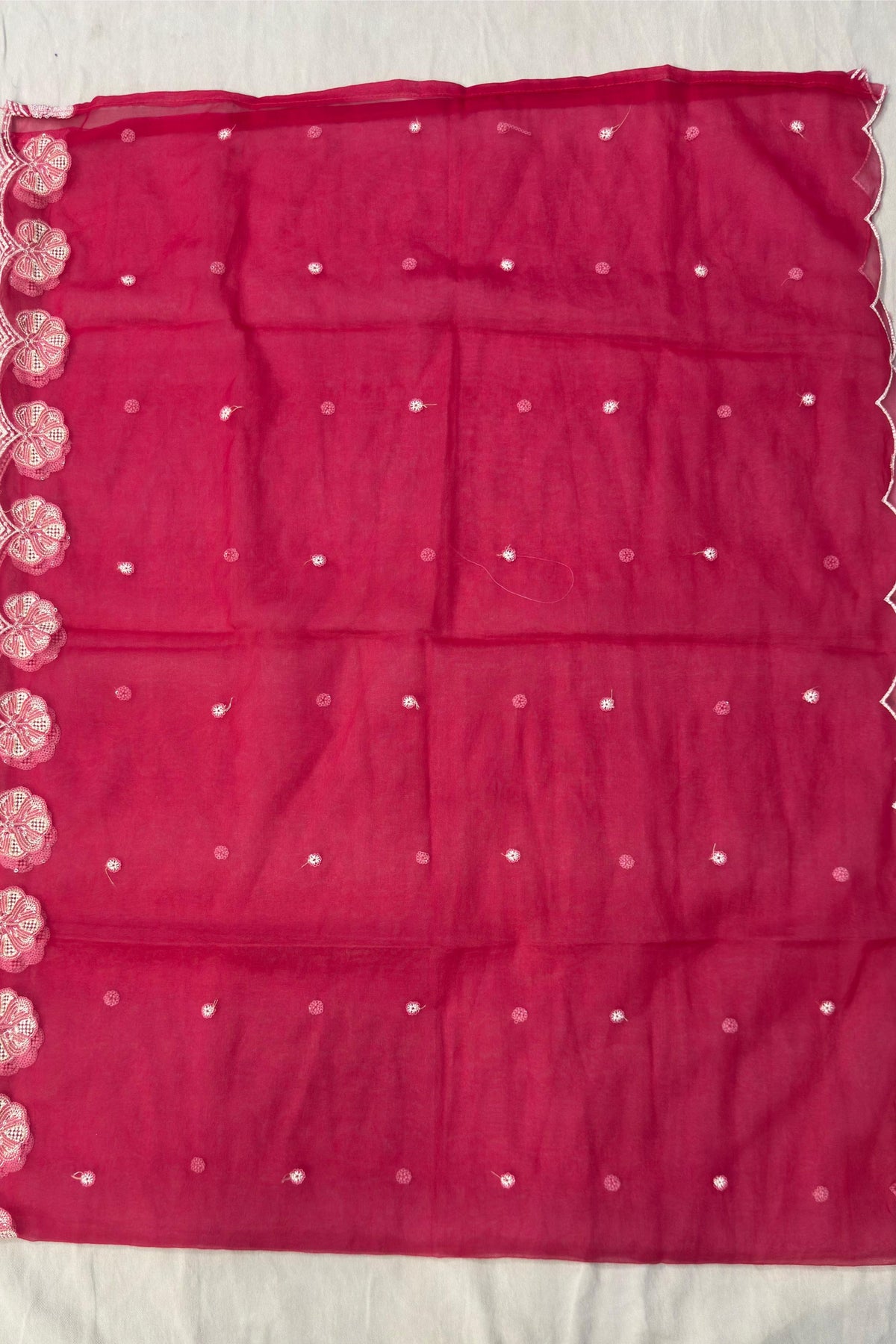 Hot Pink Musleen Silk Suit Set with White Sippi Work & Tissue Dupatta