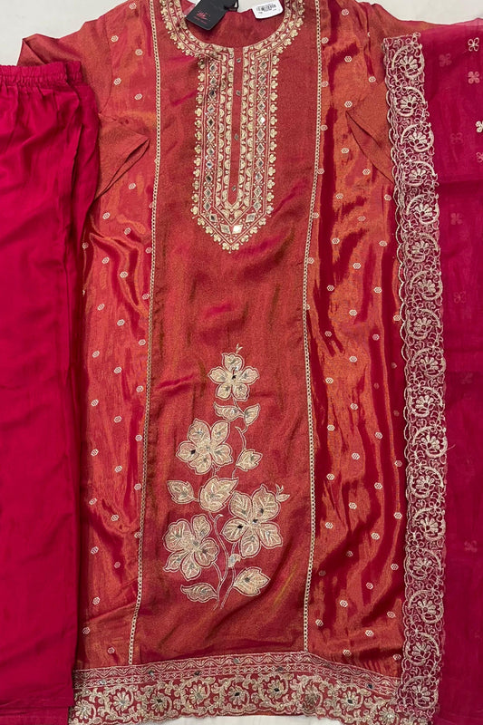Carrot Shimmer Silk Suit Set with Zari Neck & Palla Work