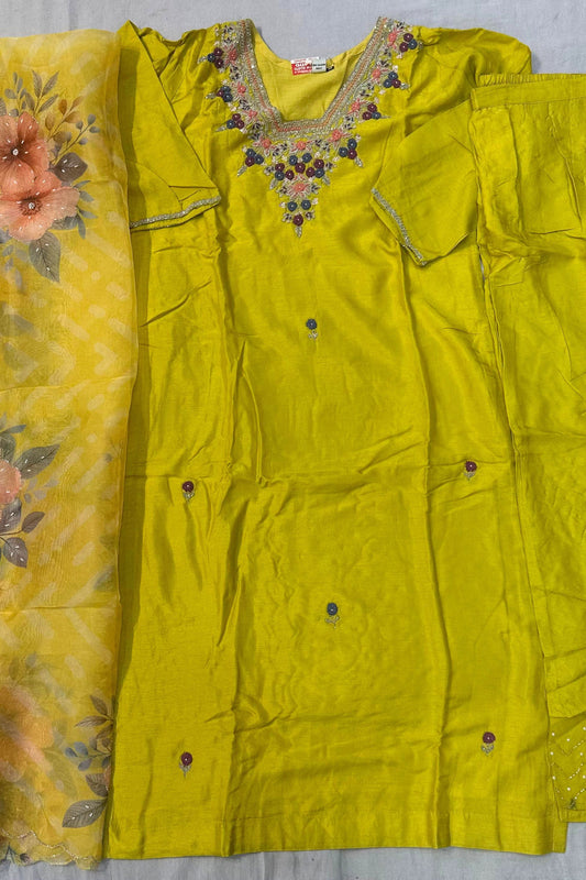 Neon Musleen Silk 3-Piece Suit with Mirror & Nalki Work