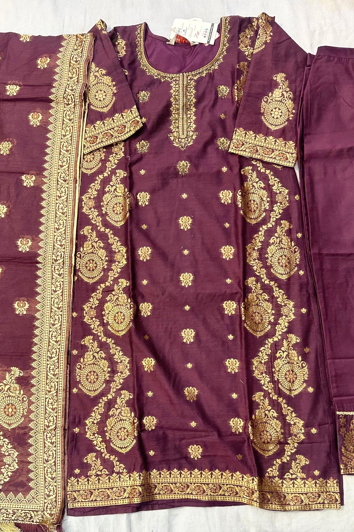 Wine Banarasi Silk 3-Piece Suit Set