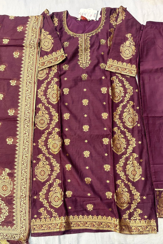 Wine Banarasi Silk 3-Piece Suit Set