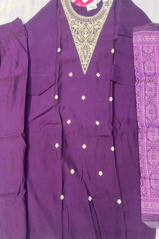 Brinjal Silk Suit Set with Neck Embroidery & Printed Silk Dupatta