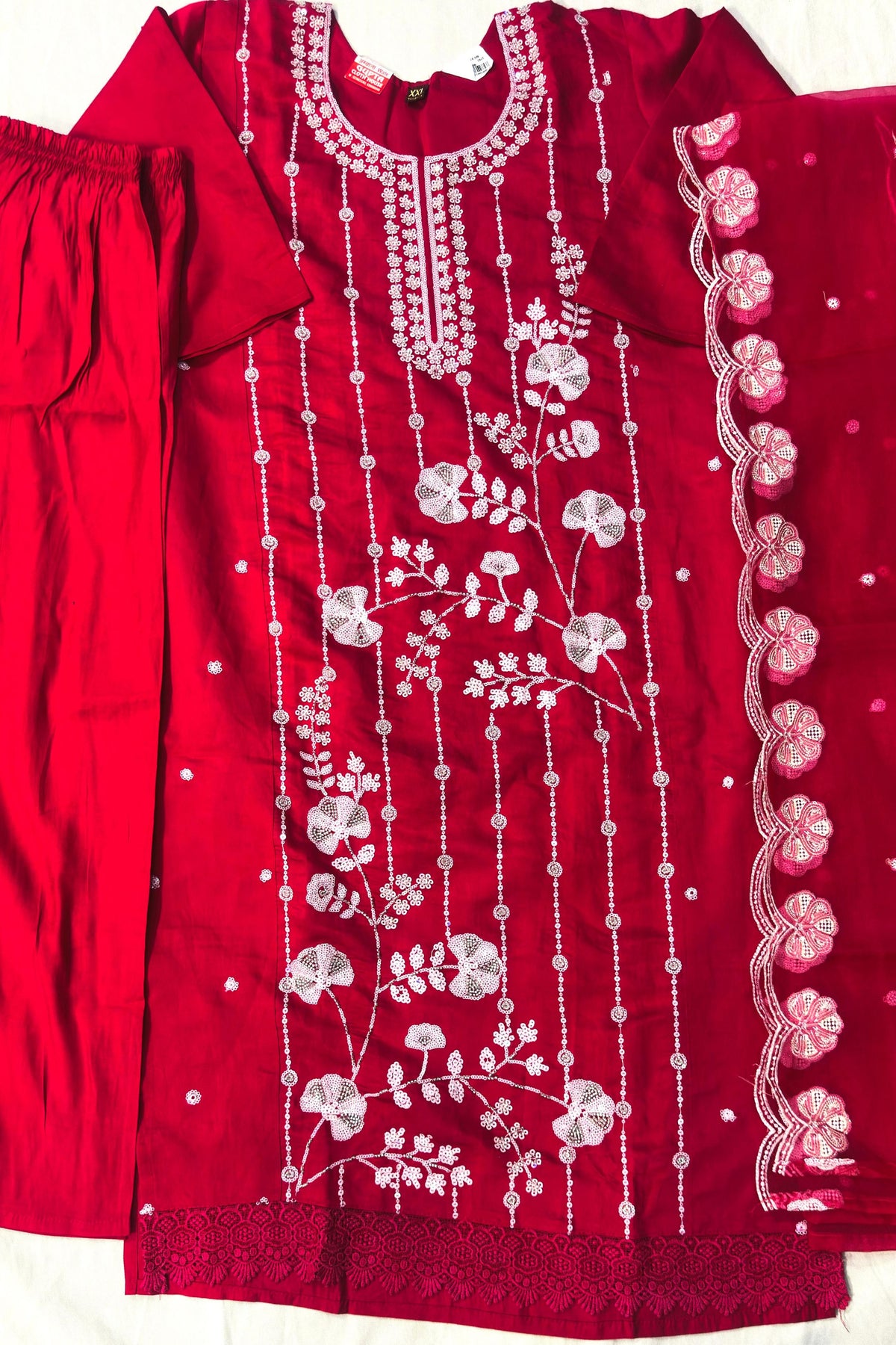 Hot Pink Musleen Silk Suit Set with White Sippi Work & Tissue Dupatta