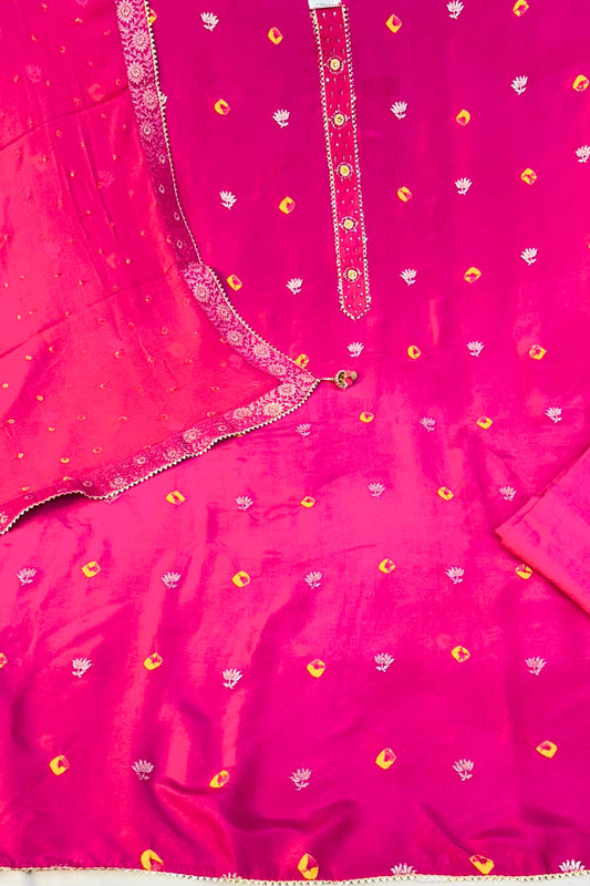 Rani Pink Silk Suit with Bandhni Booti & Pure Chiffon Dupatta