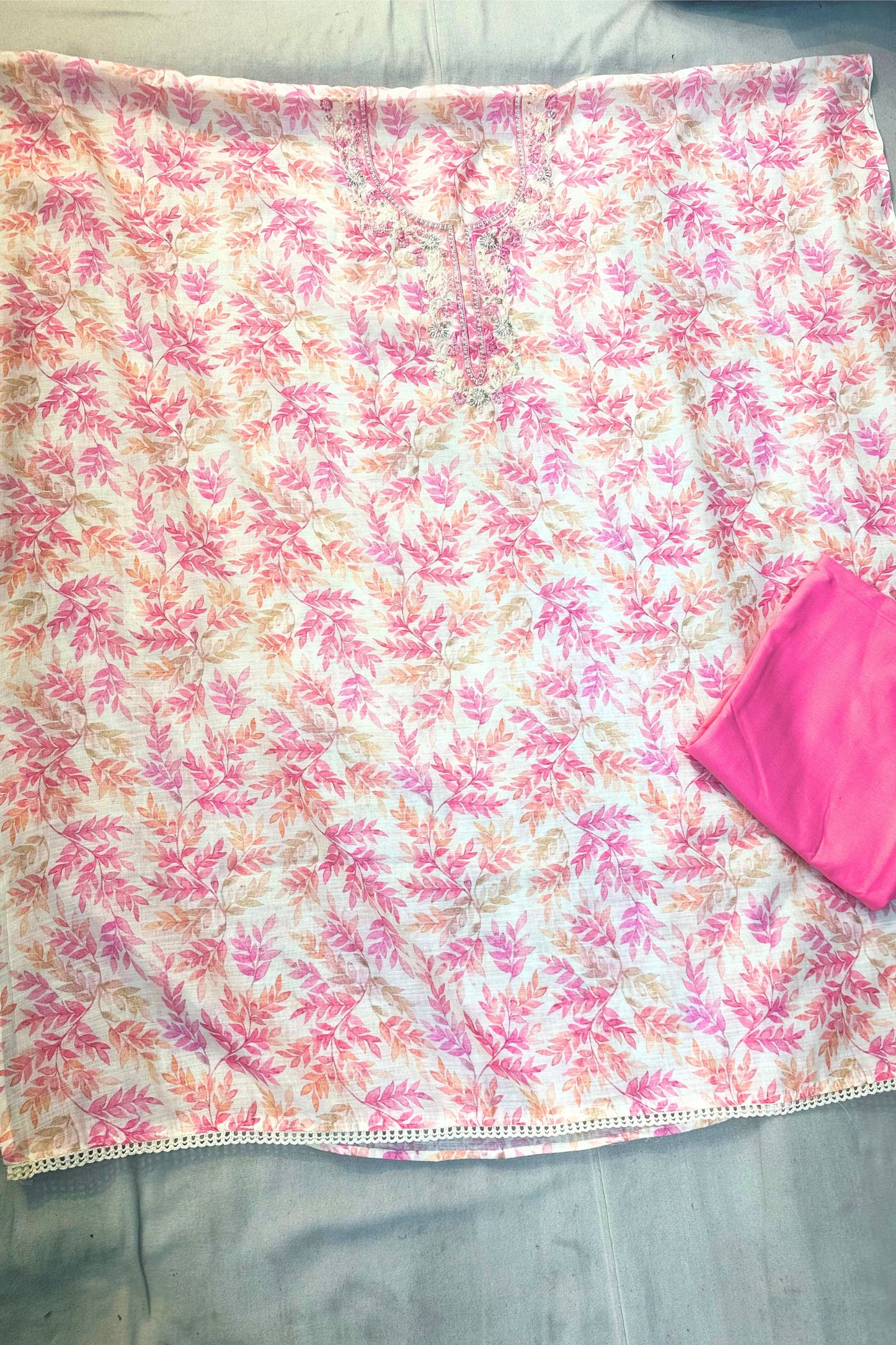 Cream & Pink Printed Cotton Suit Set with Linen Cotton Dupatta
