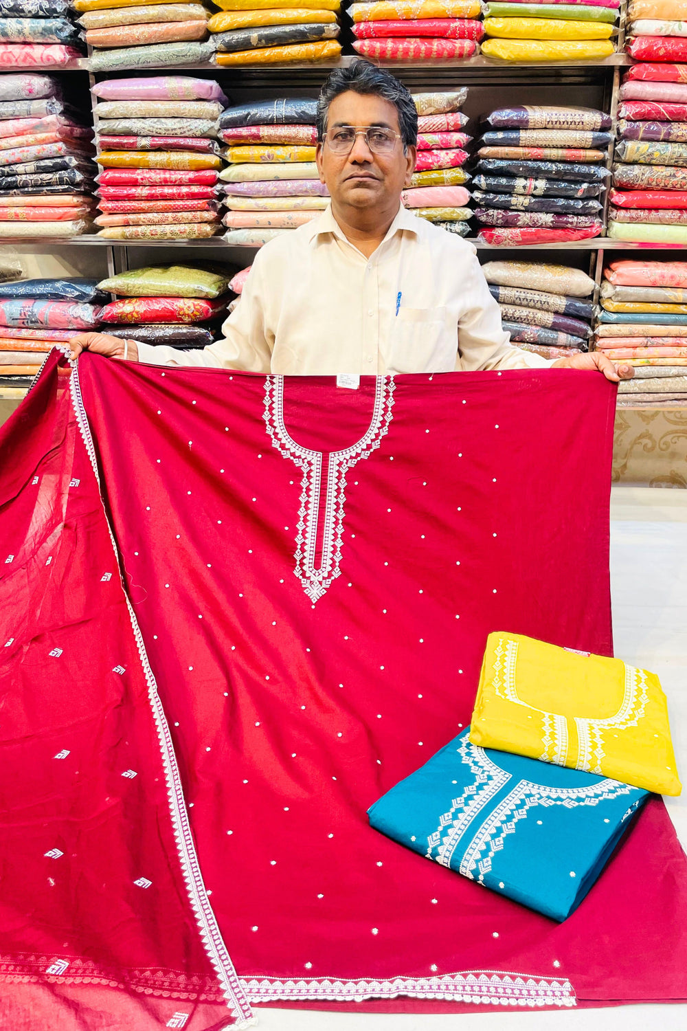 Maroon Cotton Shirt, Plain Cotton Bottom & Thread Work Dupatta Suit Set