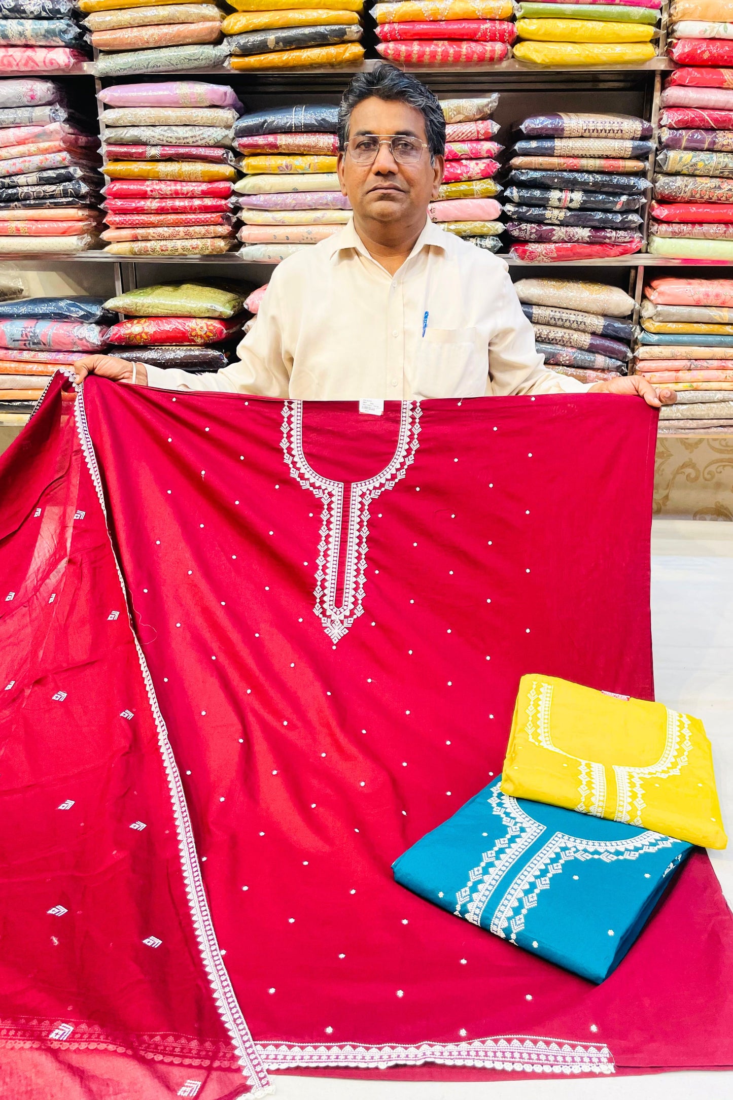 Maroon Cotton Shirt, Plain Cotton Bottom & Thread Work Dupatta Suit Set
