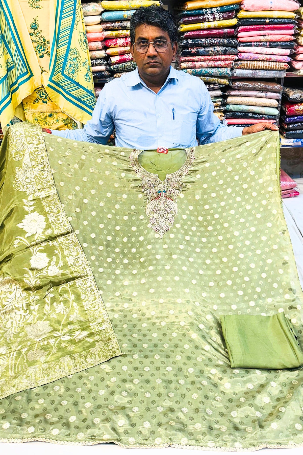 Mehndi Green Silk & Butter Crepe Suit Set with Organza Juri Work Dupatta