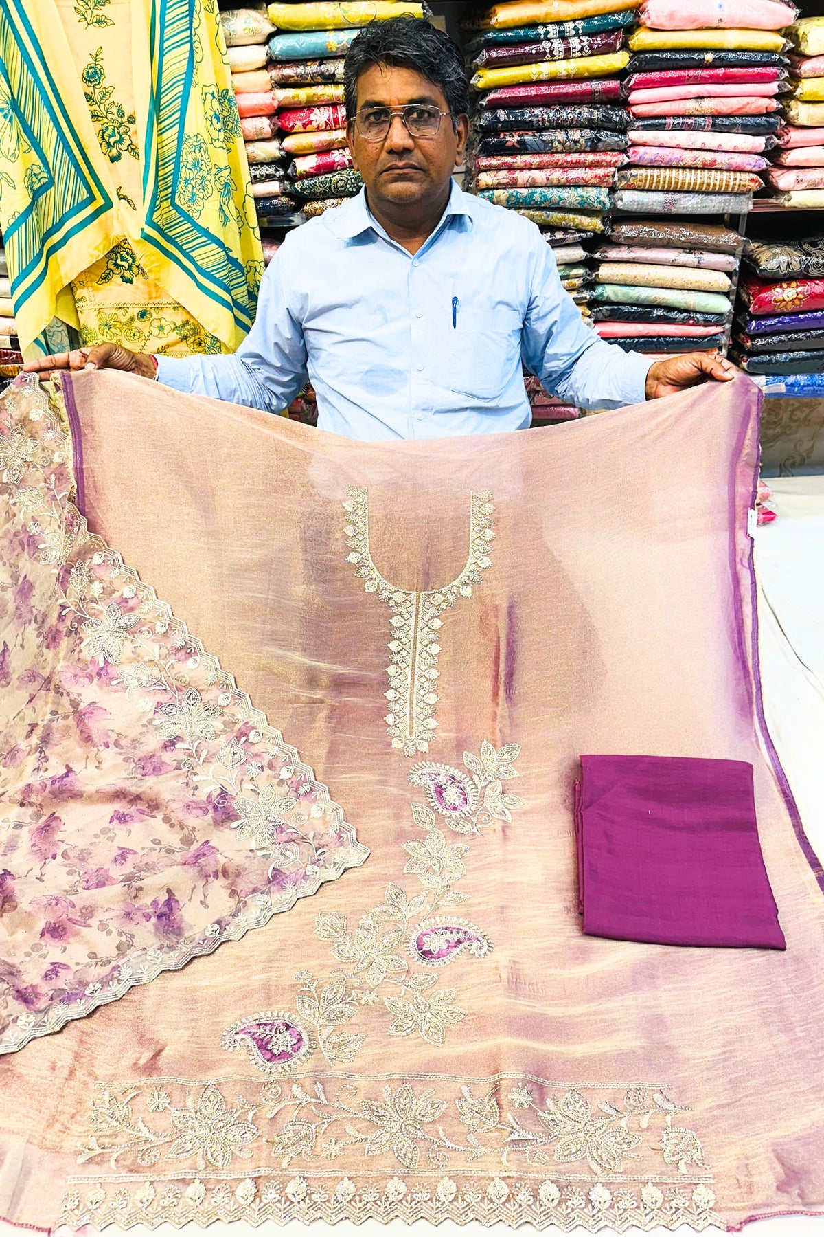Elegant Purple Shimmer Organza 3-Piece Suit Set with Printed Organza Dupatta