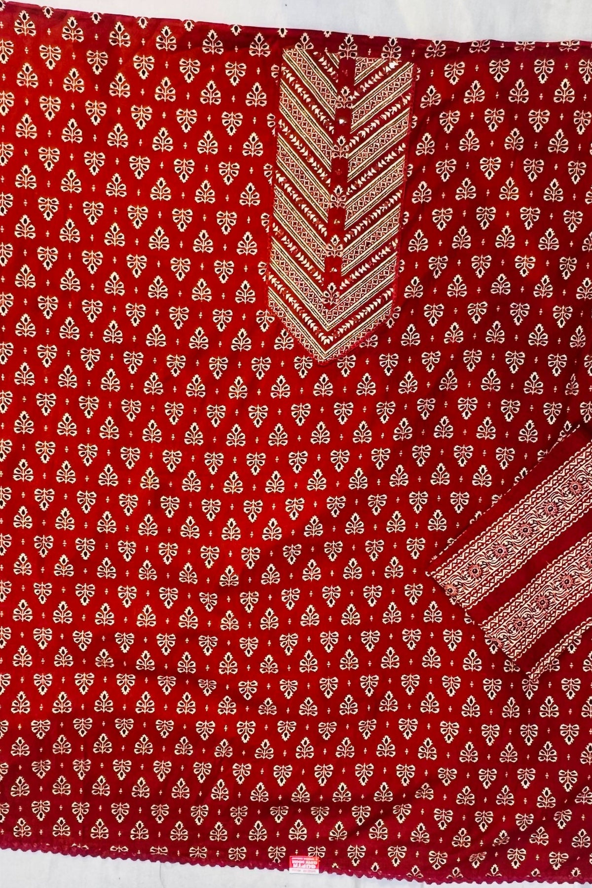 Rust Cotton Printed Suit Set with Pure Chiffon Dupatta