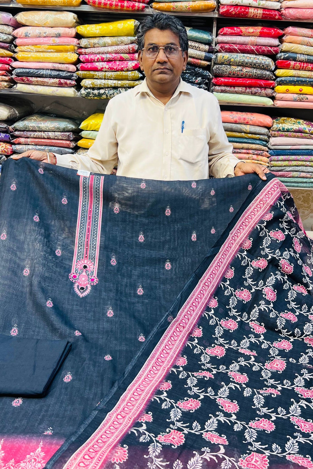 Black & Pink Linen Cotton Suit Set with Printed Dupatta