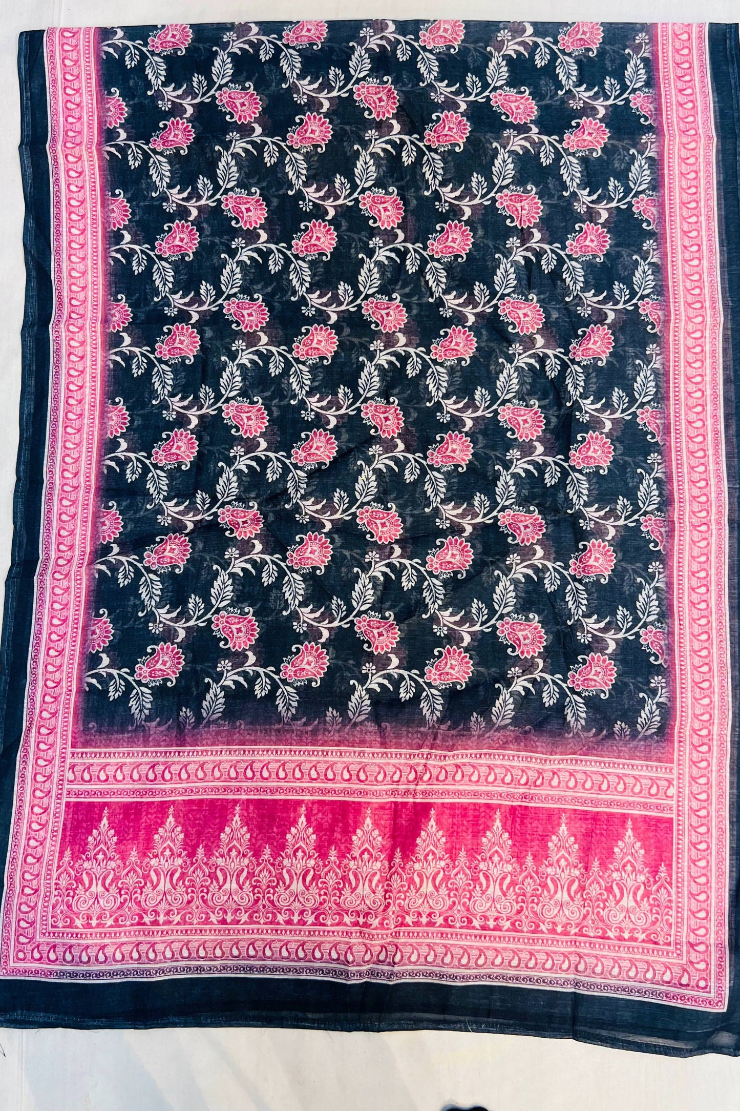 Black & Pink Linen Cotton Suit Set with Printed Dupatta