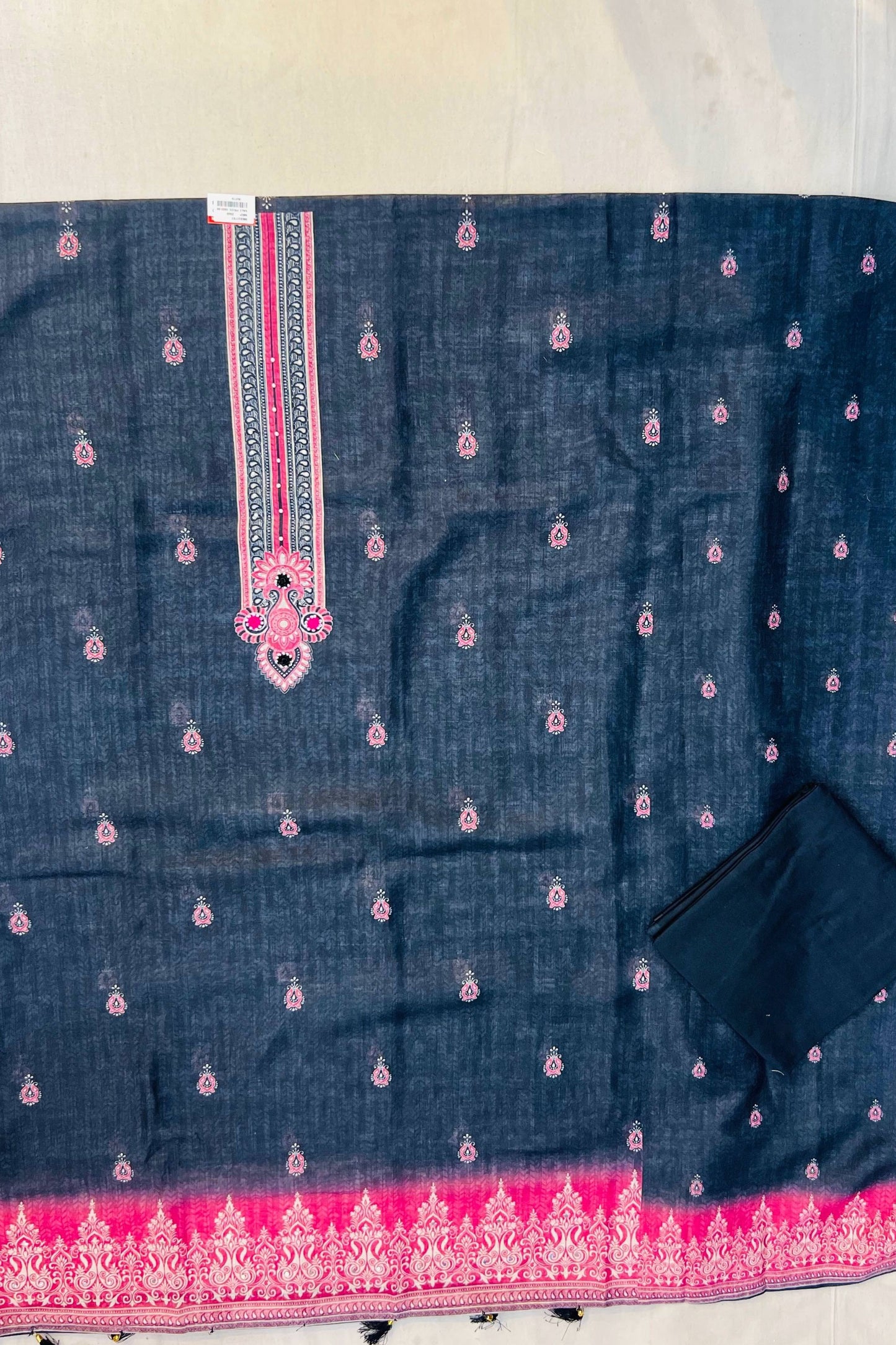 Black & Pink Linen Cotton Suit Set with Printed Dupatta
