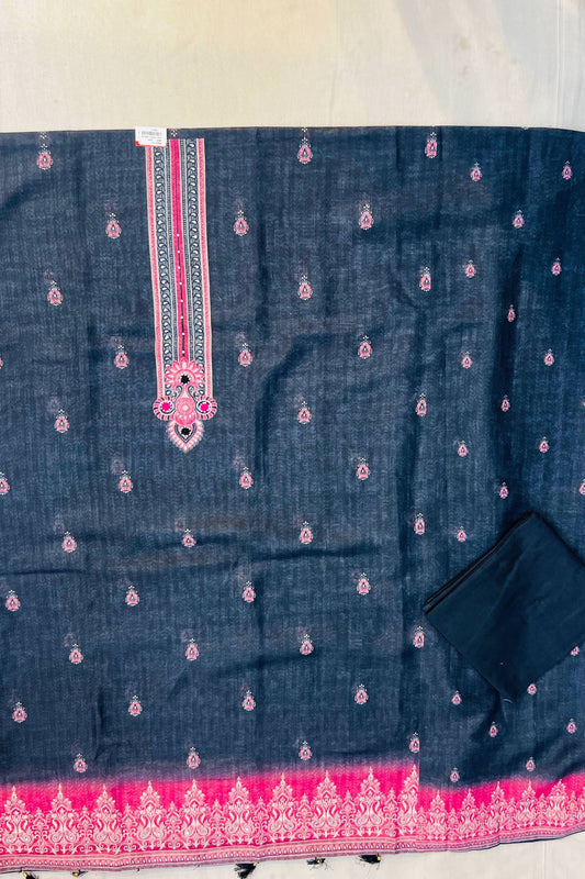 Black & Pink Linen Cotton Suit Set with Printed Dupatta