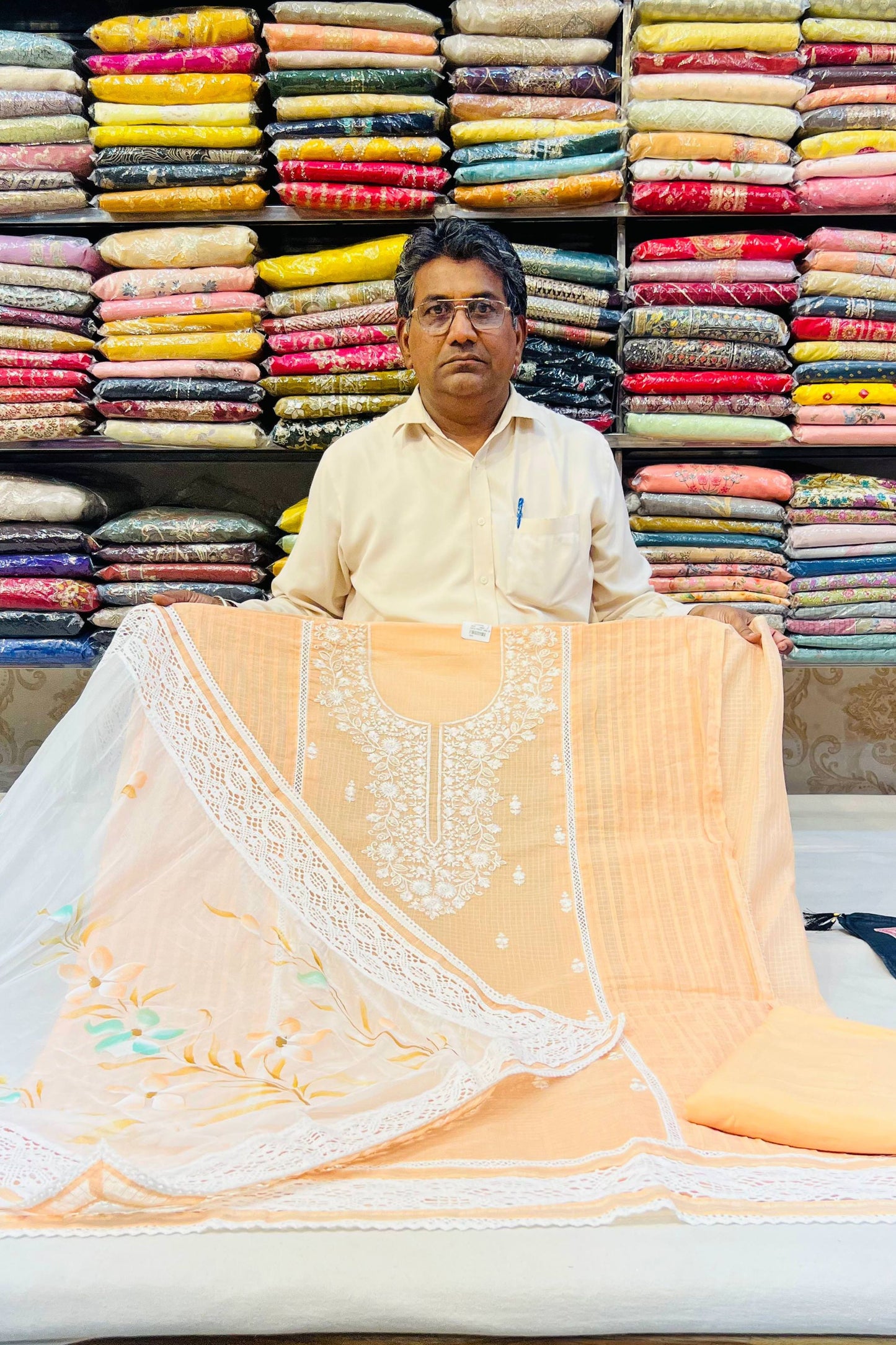 Peach Quota Doria & Rayon Cotton Designer Suit Set