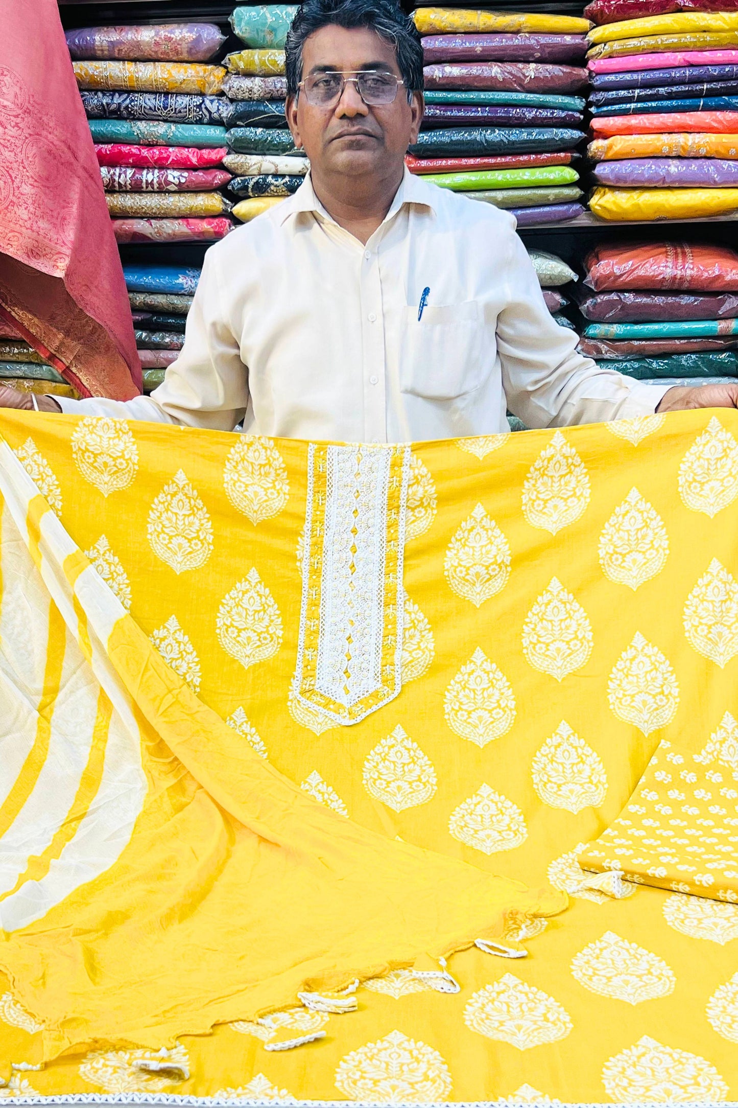 Mustard Cotton Printed Suit Set with Chiffon Dupatta