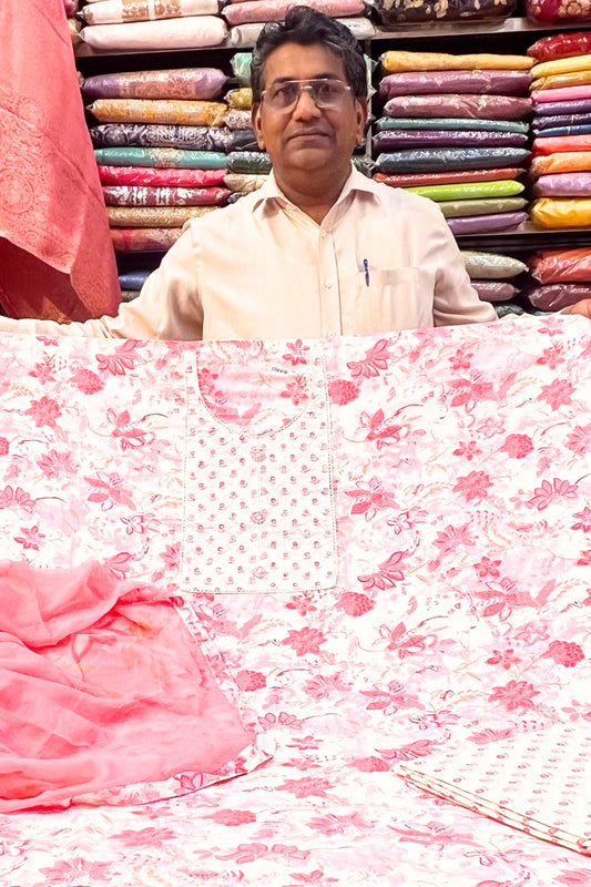 Rose Pink Cotton Suit with Chiffon Dupatta