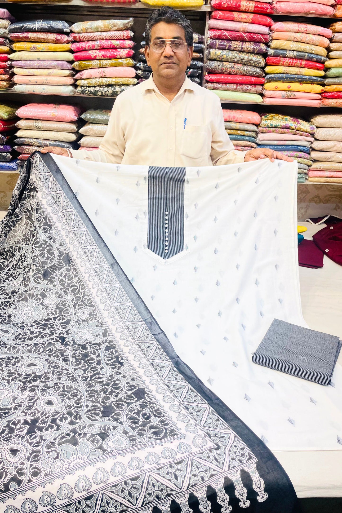 Elegant Black & White Cotton Suit Set with Printed Dupatta
