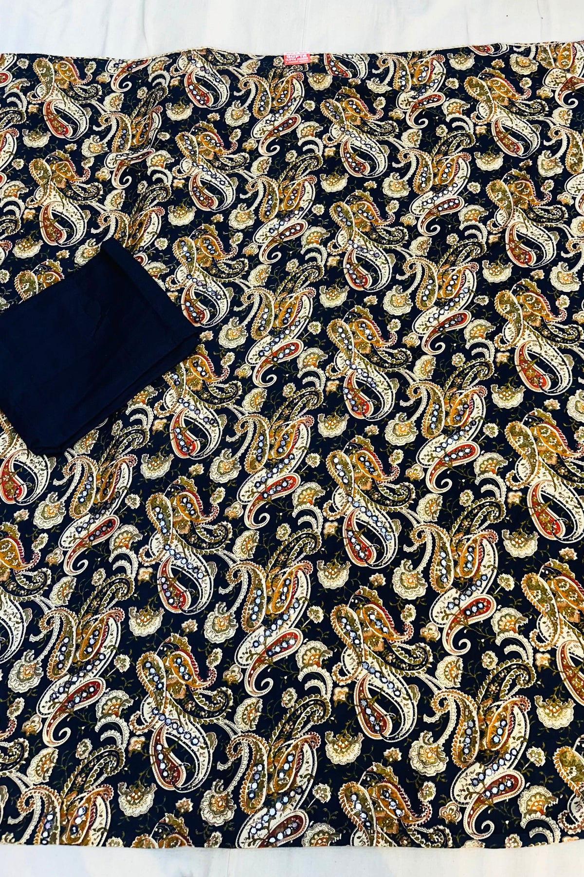Navy Blue Printed Ruby Cotton Suit Set with Mirror Work & Golden Patchwork Dupatta