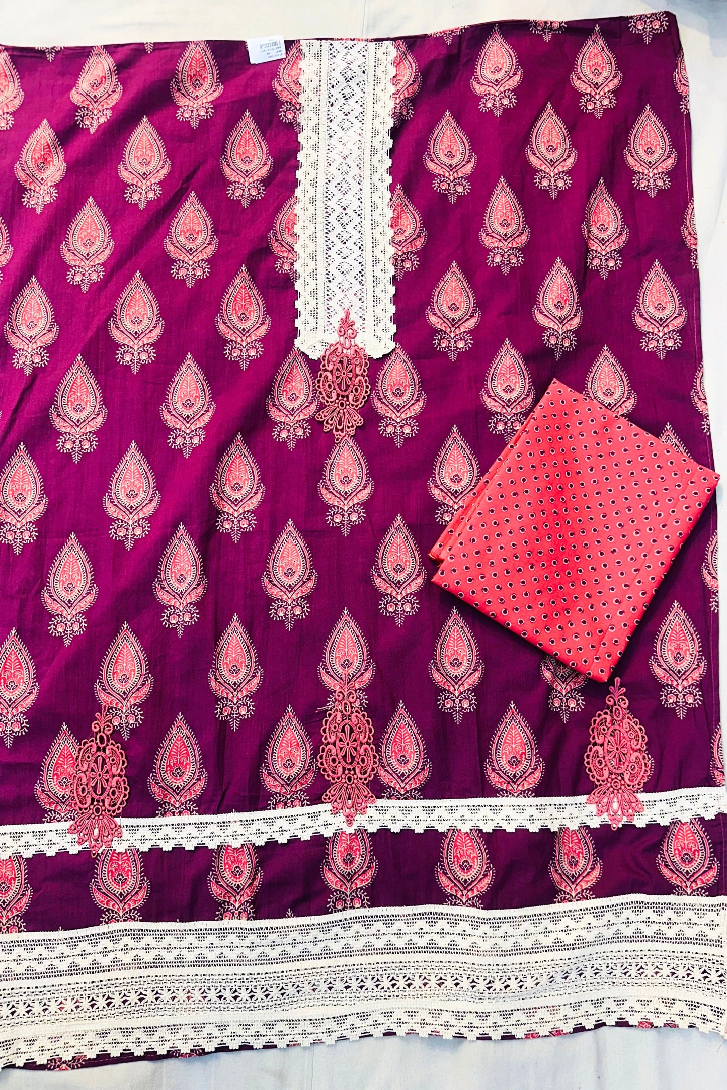Printed Wine Kurta Set with Lace Detailing & Carrot Dupatta
