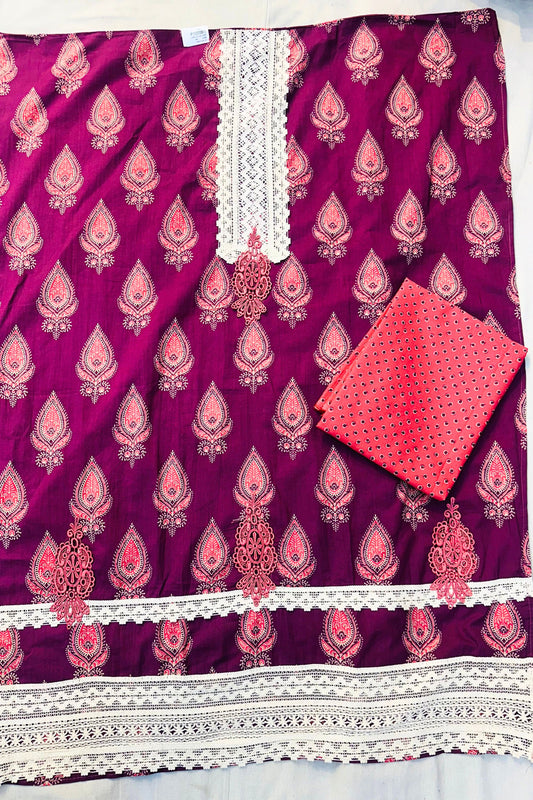 Printed Wine Kurta Set with Lace Detailing & Carrot Dupatta