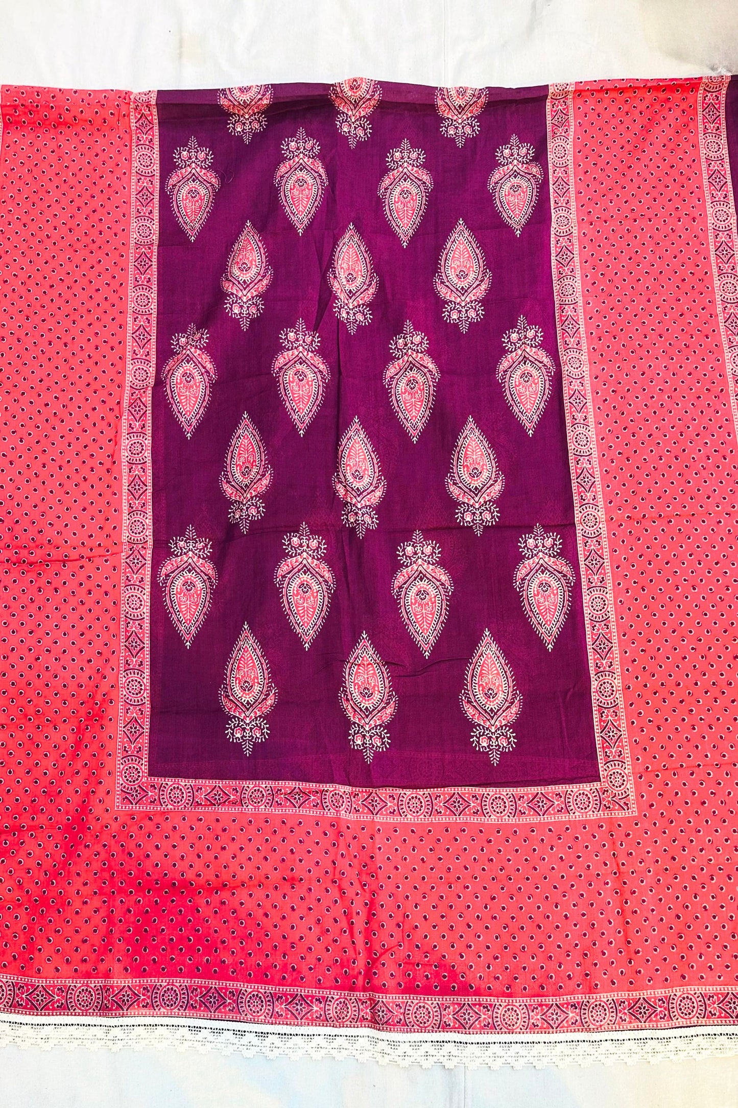 Printed Wine Kurta Set with Lace Detailing & Carrot Dupatta