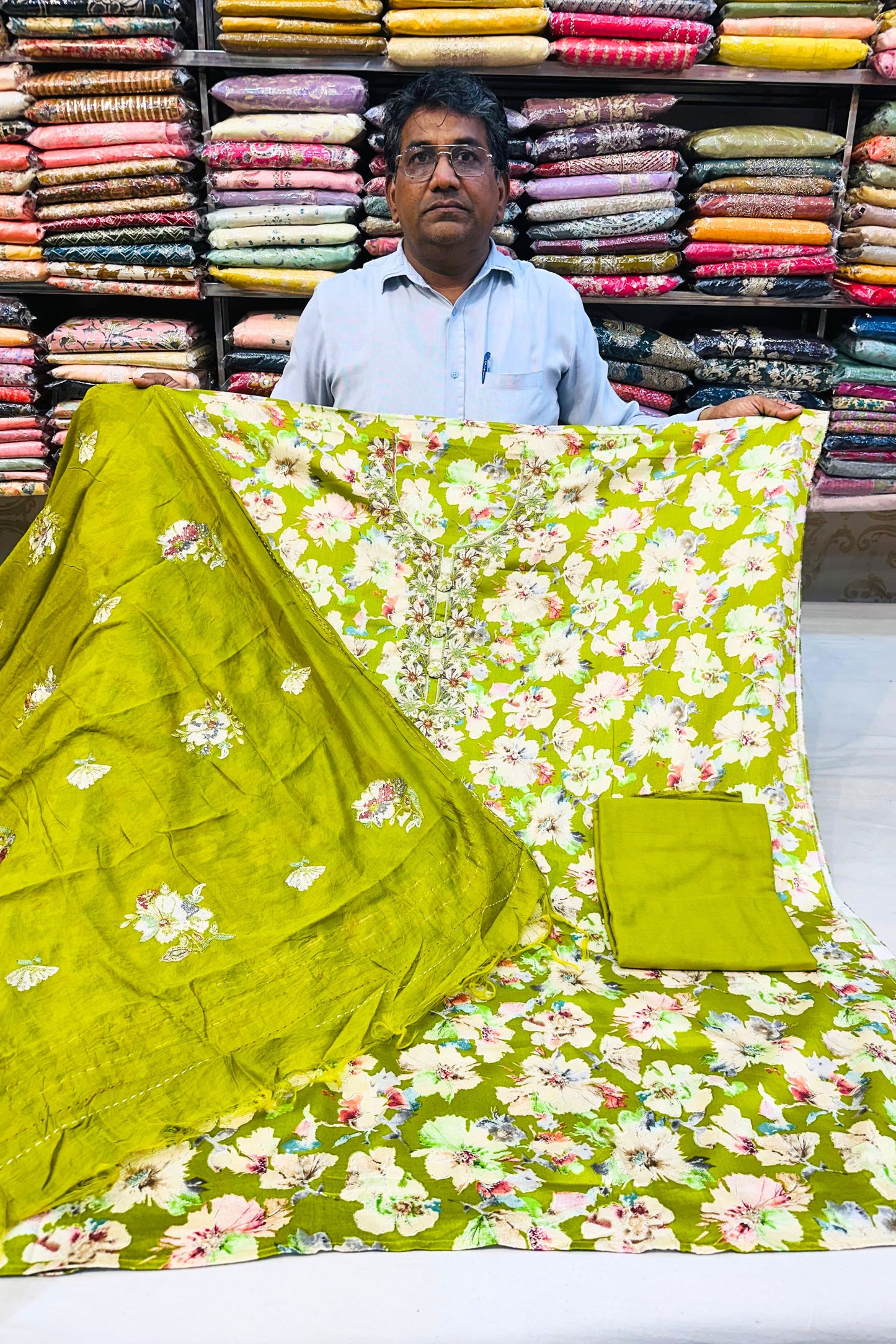 Parrot Green Printed Shirt with Threadwork Dupatta Set